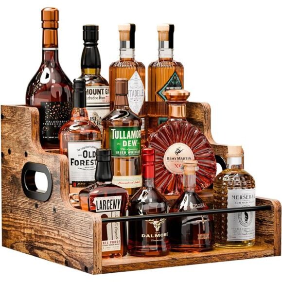 Liquor Bottle Display Shelf Coffee Syrup Rack Organizer 3 Step Countertop Brown
